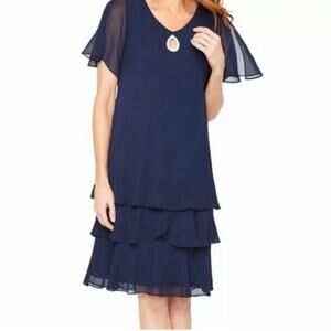 Onyx Nites Navy Flutter Sleeve Chiffon Shift Ruffled Hem Party Dress Sz 8